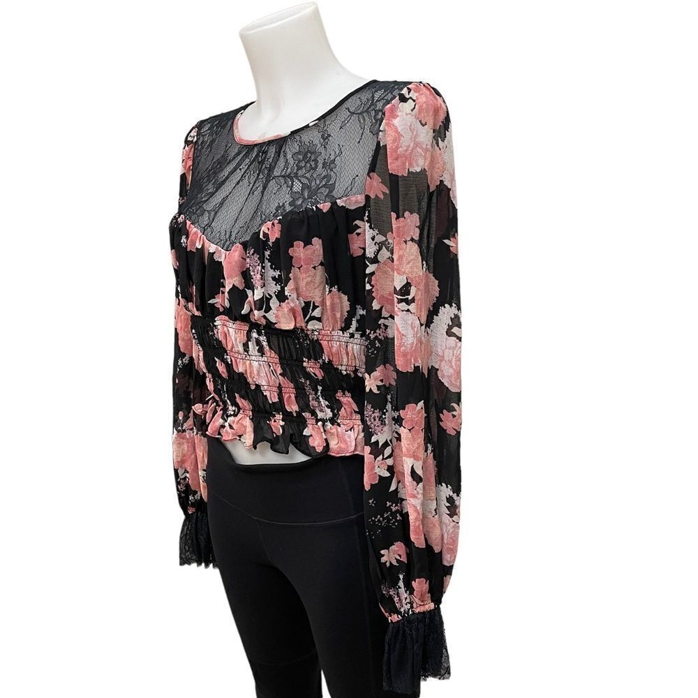 FREE PEOPLE Daphne Blouse Midnight Combo, Lace Smocked Longsleeve sz medium New! - Picture 3 of 9
